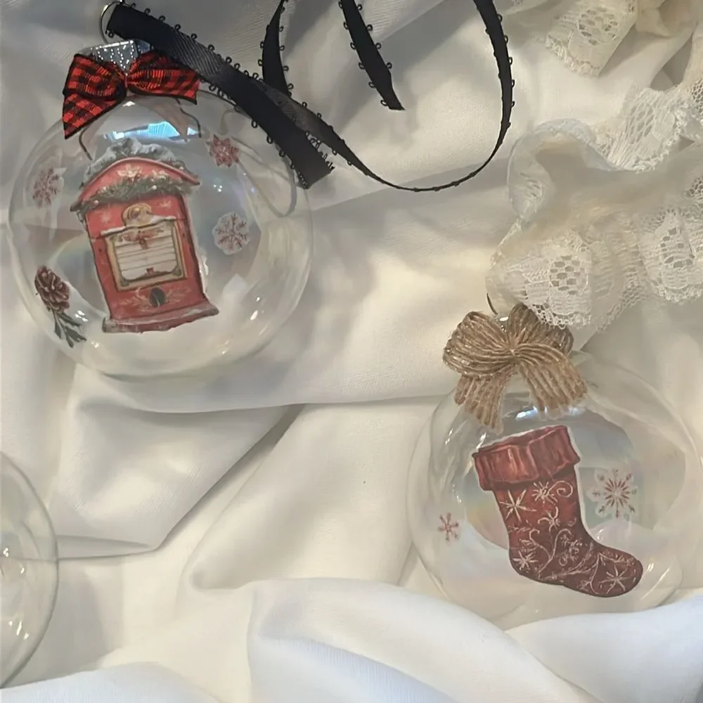 Upcycled Clear Glass Ornaments 3 Different Christmas Balls stocking, sleigh, hut